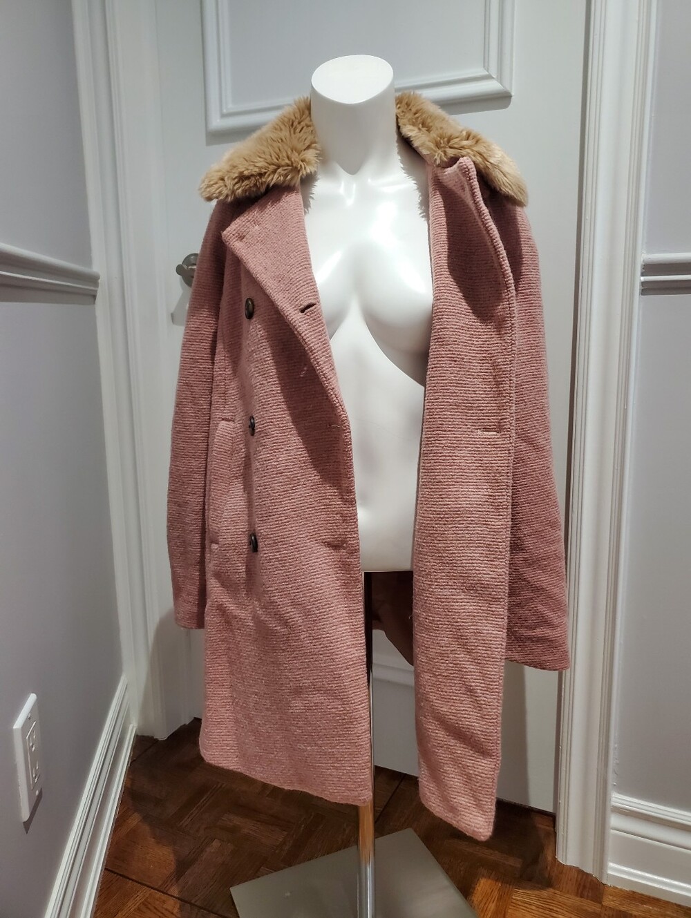 Zara Pink Blush Mauve Bouclé Peacoat with Faux Fur Removable Collar